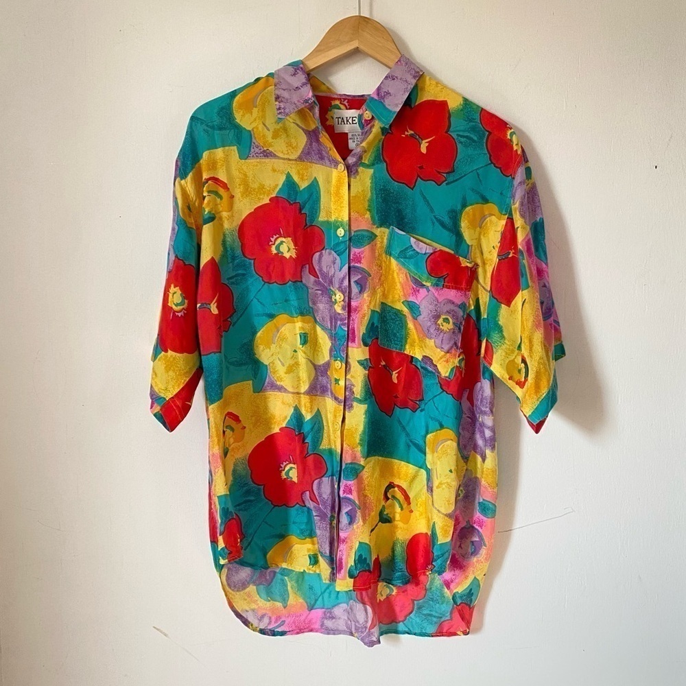 Vintage Silk Hawaiian Shirt Bold Colorful Floral 80s Pop Art‎ Take Away Medium - Picture 8 of 8
